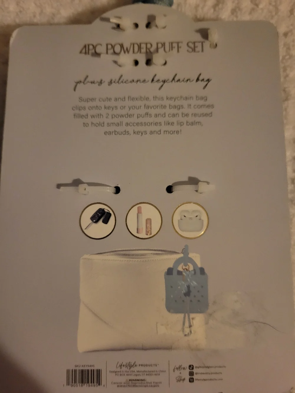 New Mini Tote Keychain, 4PC Powder Puff Set, Blue Iridescent Balloon Dog Charm‎